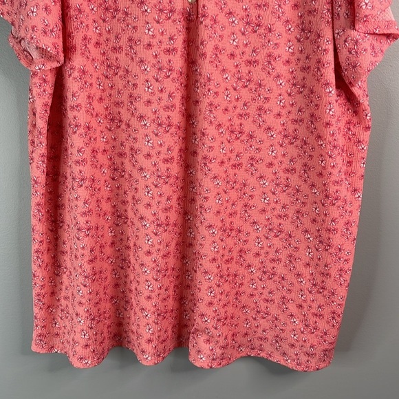 MY STYLE Floral Flutter Sleeve Top Coral Pink Smock Shoulders 1/4 Button 1X - Picture 6 of 12